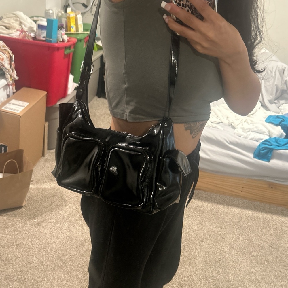 Black Patent Shoulder Bag with Front Pockets - Picture 1 of 4